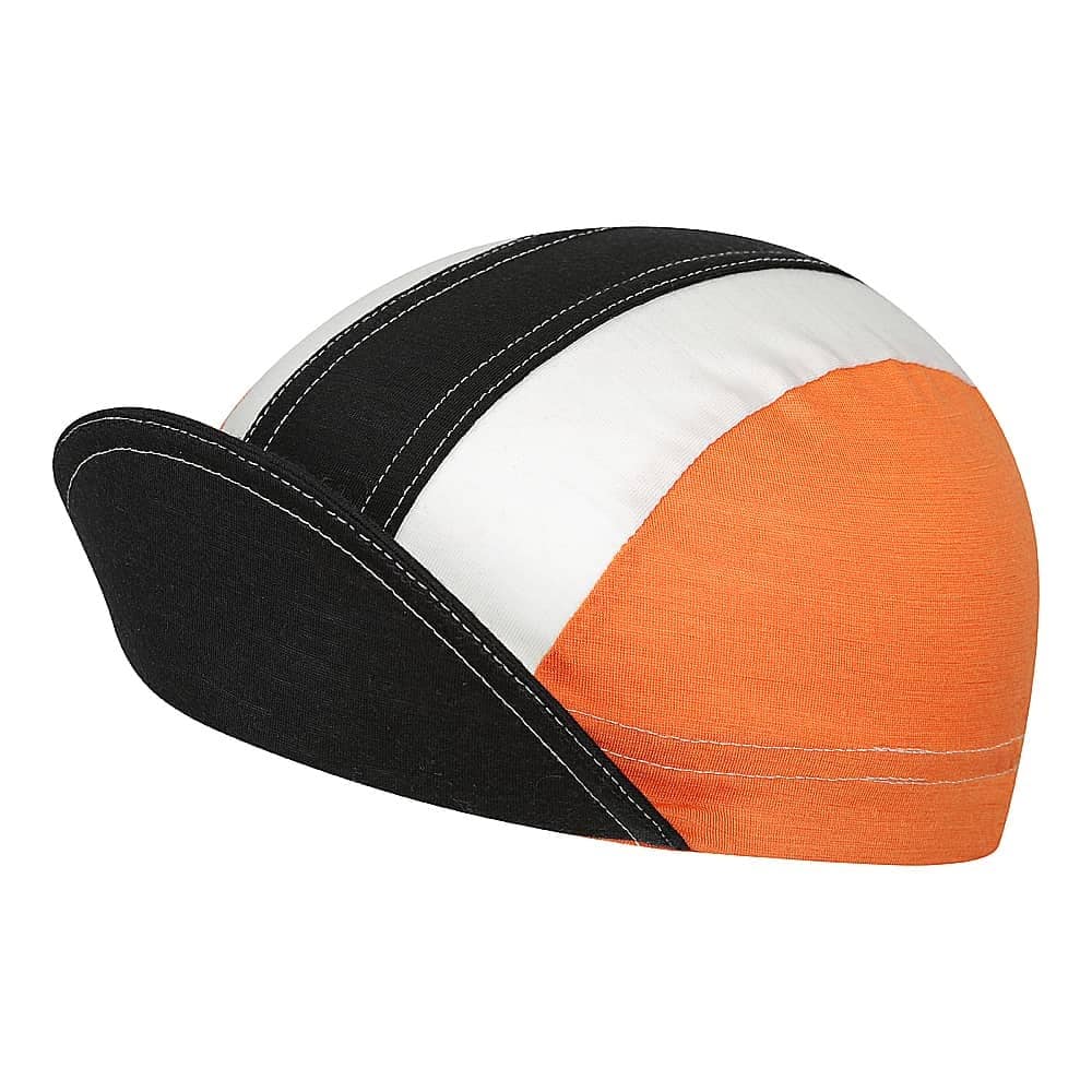 Side view of merino wool cycling cap orange and white with black centre stripe.