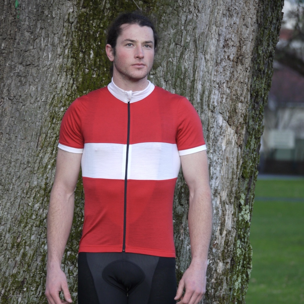 Classic R Merino Wool Cycling Jersey Red with White chest stripe