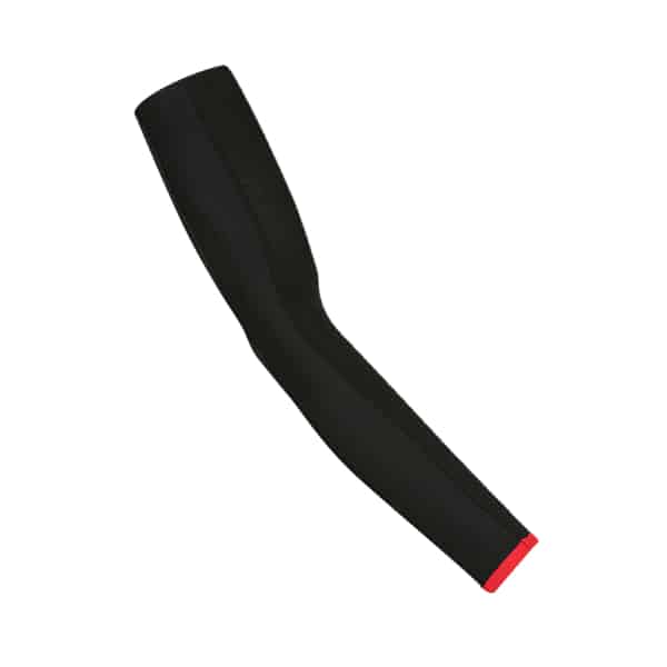A pair of merino arm warmers with a thin red cuff fabric.