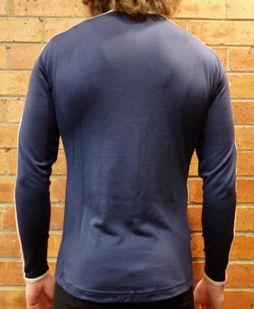 Rear View of the 100% Merino Long Sleeve Derby Cycling Jersey.