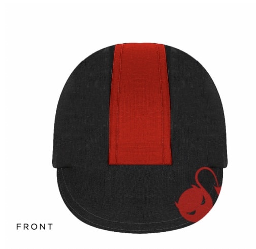 Front view of merino wool cycling cap. Black with red stipe.
